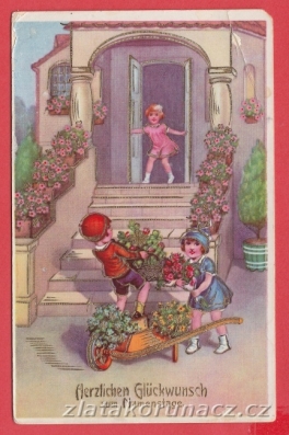Děti s květinami a vozíkem