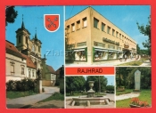 Rajhrad - klášterní kostel, nákupní středisko, jednota, památná kašna